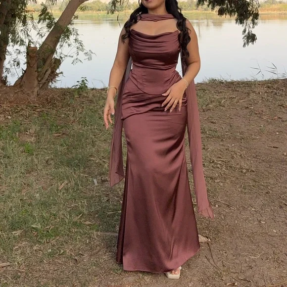 Azazie Strapless Satin Column Gown in Chocolate Brown - Picture 5 of 8